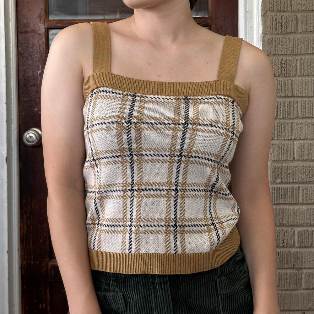 Ann Taylor LOFT Sweater Tank Top Small Petite Plaid 100% Cotton